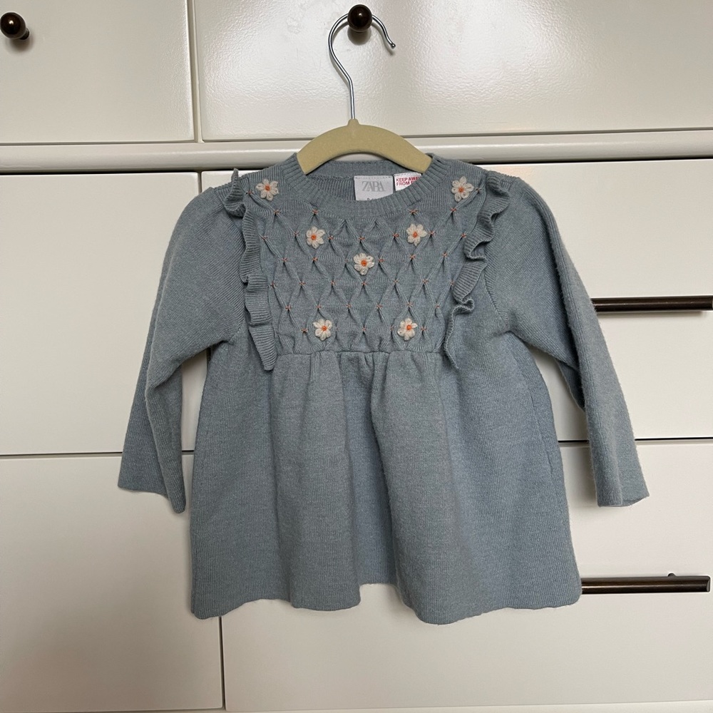 Zara baby girl dress - blue with embroidered flowers